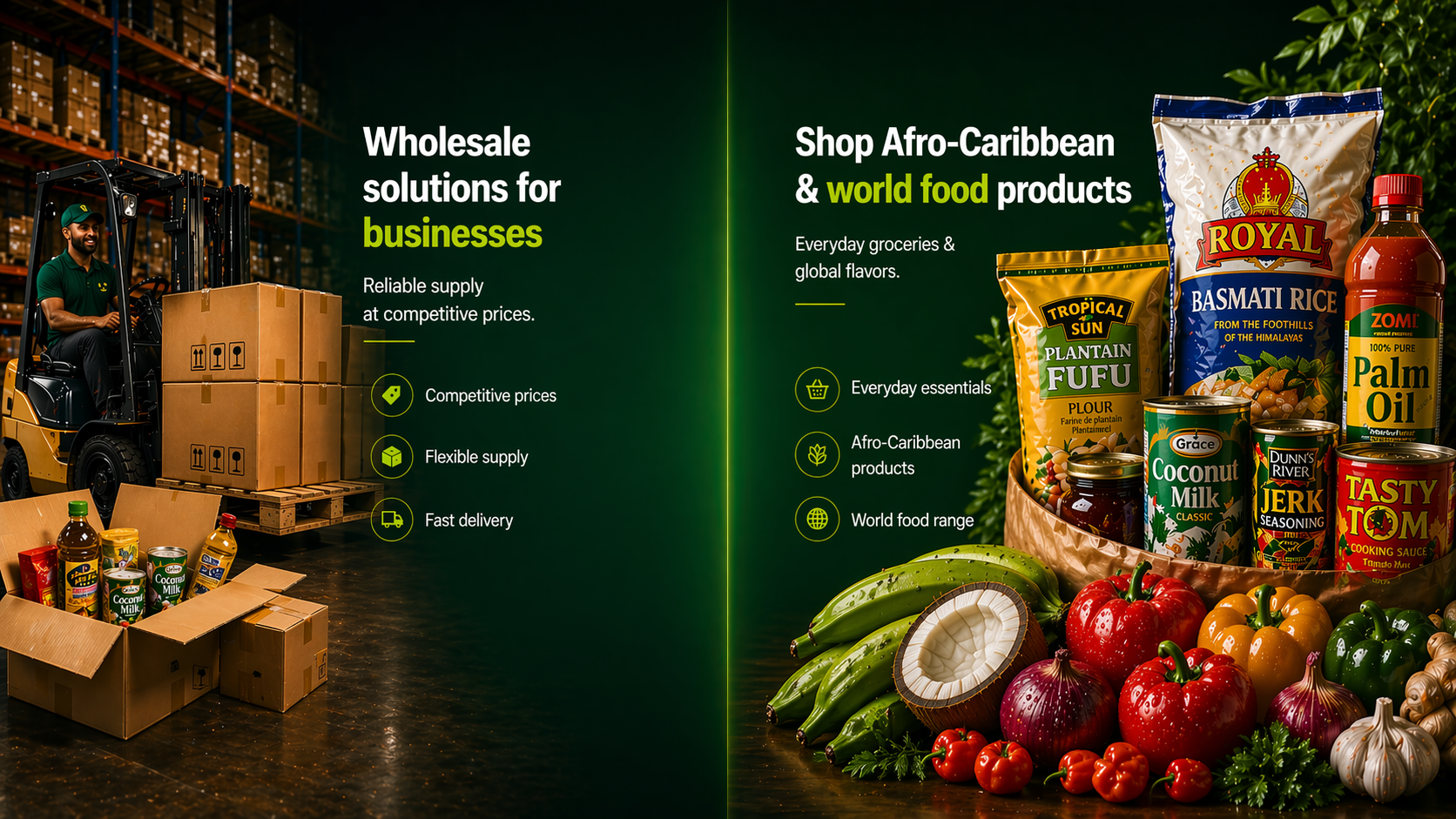 Business food supply on one side and Afro-Caribbean and world food products on the other